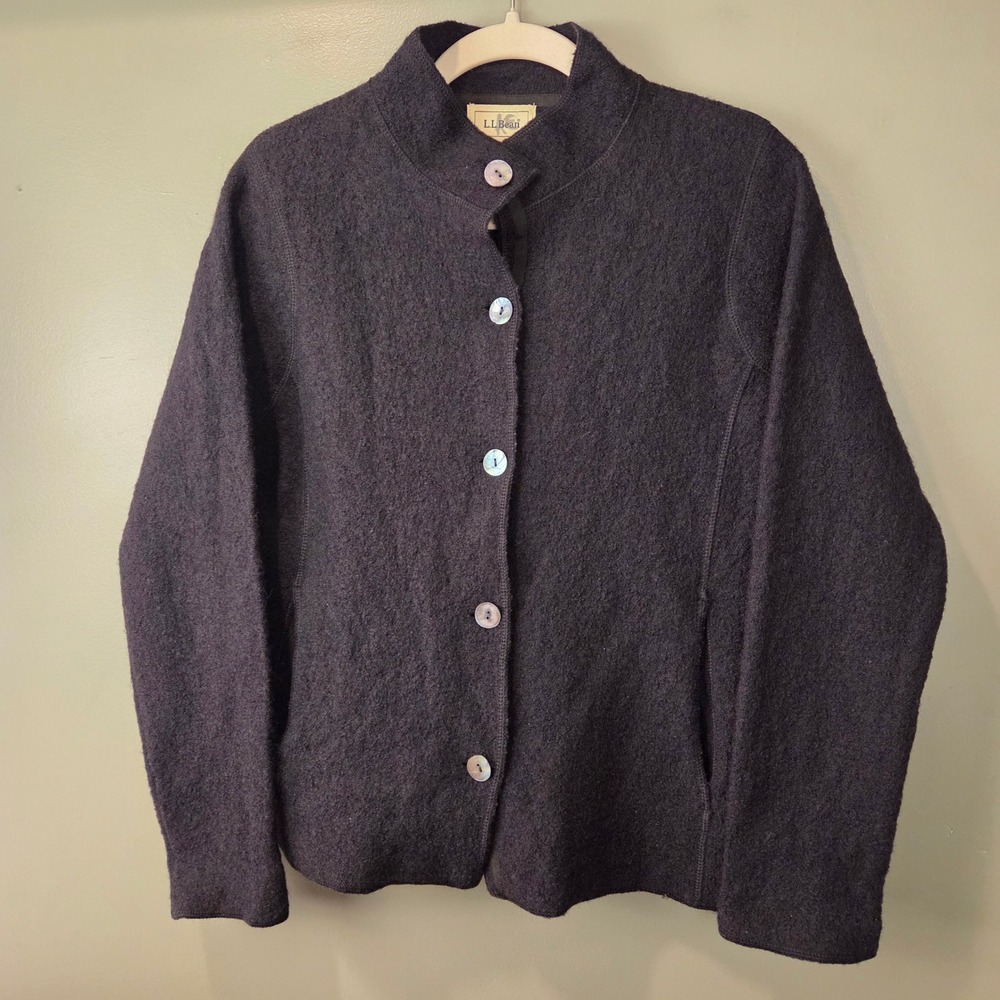 Vintage L.L. Bean Women's M 100% Wool Button Up Cardigan Sweater Jacket Black